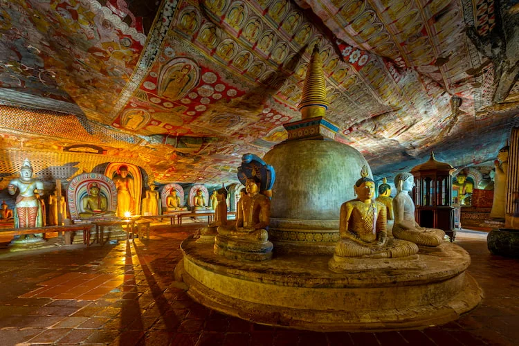 Dambulla cave temple interior and rock temple setting